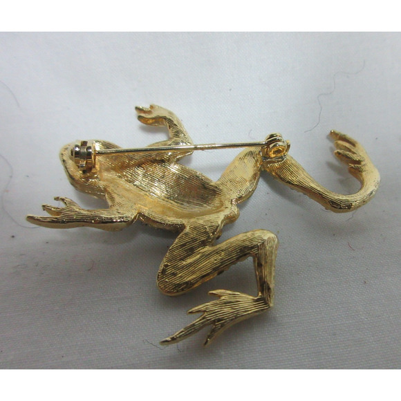 Gold Tone jewelry Clear Crystal Rhinestone Tiny Frog Toad Pin Brooch 2" - Picture 5 of 5
